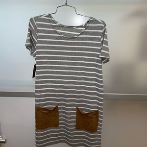 Poof Apparel Gray and White Striped Sweater Dress with Brown Sued Front Pockets